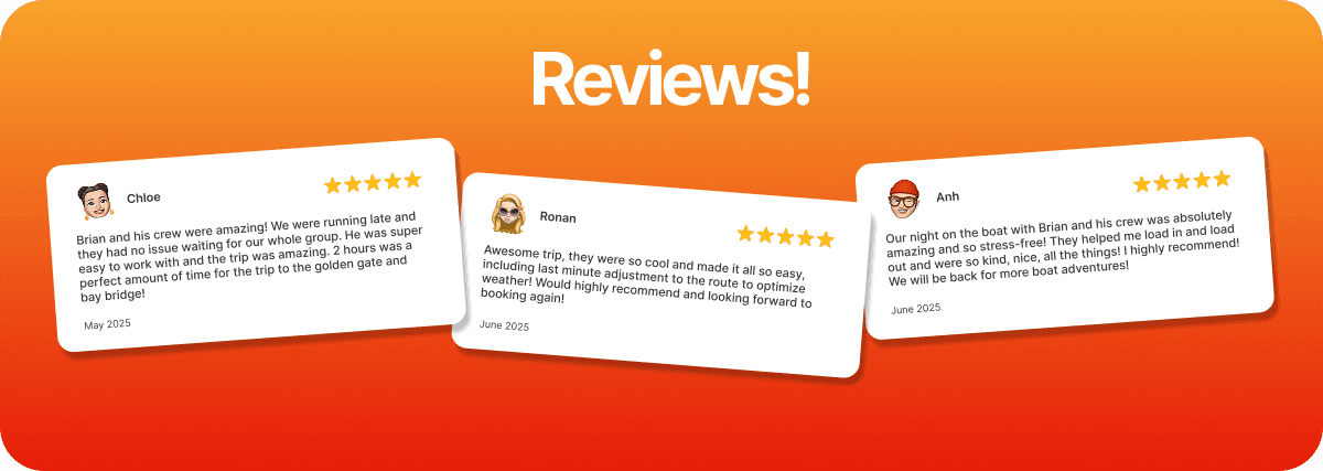 Three five-star customer reviews are displayed under the heading "Reviews!" Each review card highlights a guest's positive experience with Fisherman's Wharf Departures and exciting San Francisco Bay Cruises, sharing names, dates, and enthusiastic comments.