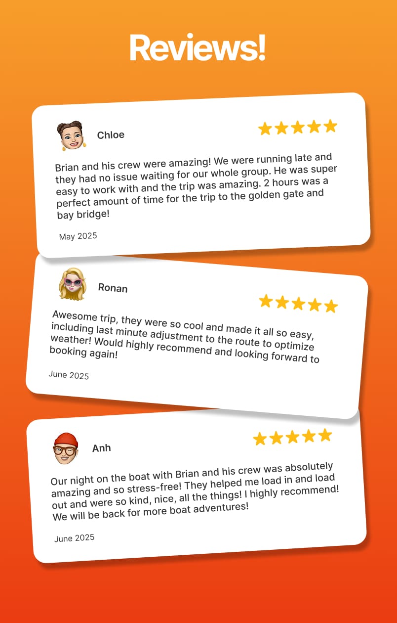 Three 5-star customer reviews praising Golden Gate Bridge Tours, with positive comments about the crew, trip organization, and overall experience, shown on an orange background. Fisherman's Wharf Departures and Private Charters are also highlighted.